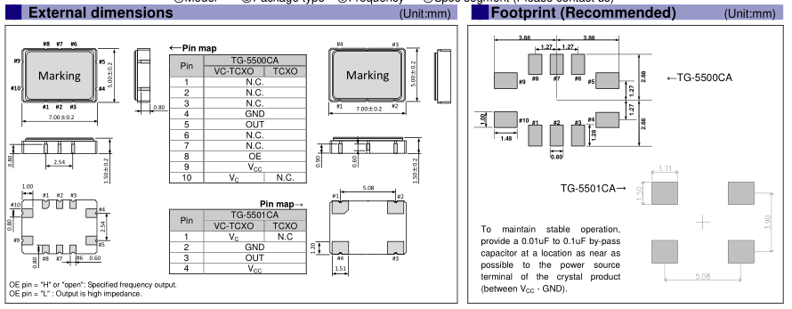 5070贴片型温补晶振,TCXO石英振荡器,TG-5501CA晶振